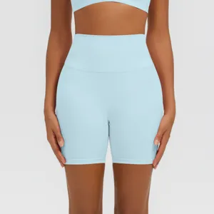 Vista dettagliata pantaloncini yoga vita alta, abbigliamento sportivo fitness azzurro.