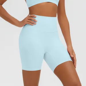 Pantaloncini da yoga fitness vita alta azzurro chiaro, abbigliamento sportivo dettaglio.