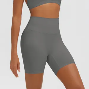 Pantaloncini da yoga fitness grigi a vita alta per donna, pantaloncini sportivi traspiranti.