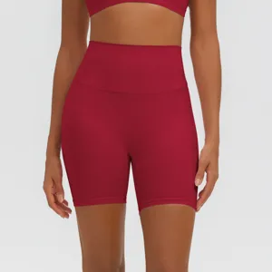 Pantaloncini da yoga fitness rossi a vita alta da donna, pantaloncini sportivi contenitivi, elastici.