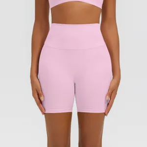 Pantaloncini da yoga rosa a vita alta da donna, comodi pantaloncini sportivi e fitness.