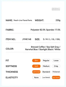 Detailed product specification chart showing fabric, size, color and features of the yoga pants.