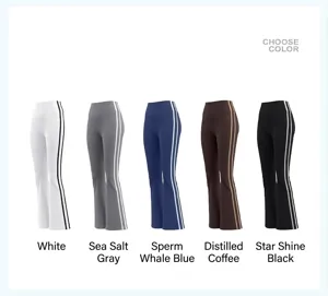High waist flared yoga pants detail showing double side stripes and stretchy fabric options.