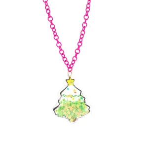 Joli collier sablé sapin de Noël pour enfants avec chaîne rose vive et étoiles pailletées.