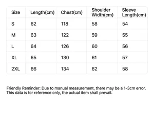Women winter puffer coat size chart guide, detailed measurements for length, bust, shoulder, sleeve.