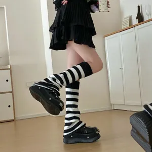 Y2K Gestreifte Beinstulpen Damen Herbst Winter Gestrickte Lange Socken Mode Harajuku Warme Wadensoffen