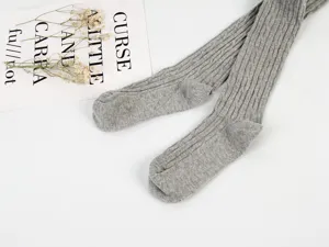 Grey ribbed over knee socks detail, pure cotton winter long stockings, Japanese style knit apparel.