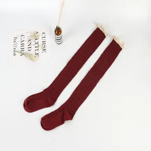 Japanese style autumn winter lace over knee socks cotton cable knit high tube hosiery