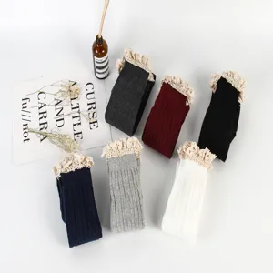 Japanese style autumn winter lace over-the-knee socks solid color striped high tube stockings