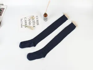 Japanese style winter knitted over-the-knee socks with lace ruffles, warm thigh highs.