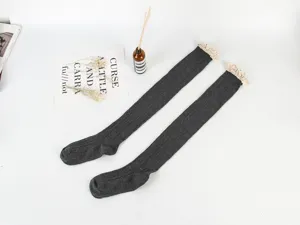 Dark grey knitted over the knee socks with lace trim, cotton ribbed winter long socks for women.