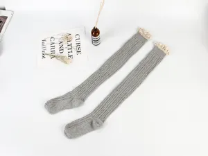 Japanese autumn winter lace over the knee socks grey ribbed high tube cotton stockings