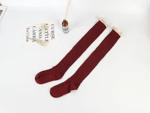 Japanese autumn winter lace over the knee socks burgundy cable knit Lolita high socks main view