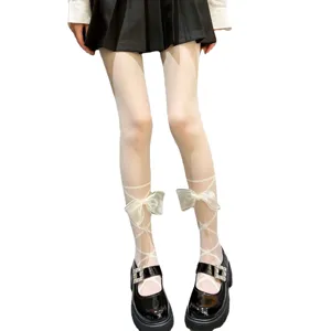 Sweet mesh satin large bow white pantyhose cute lolita strappy stockings for women daily wear