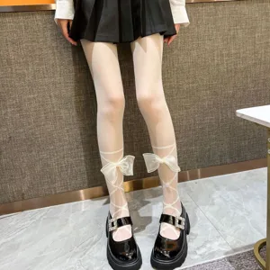 Sweet mesh white tights with satin bows and lace-up calf straps, thin spring stockings.