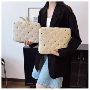 Quilted laptop sleeve 14 inch cream yellow candy color embroidered minimalist protective case.