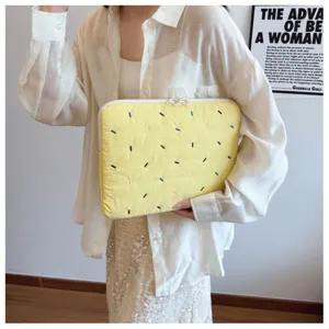 Korean quilted embroidered 14-inch laptop sleeve, butter yellow candy color protective bag.