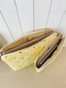Aesthetic quilted laptop sleeve, cute padded computer bag set, cream yellow soft case.