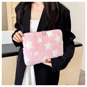 Pink white star plush laptop sleeve detail view, soft cozy storage bag for daily use.
