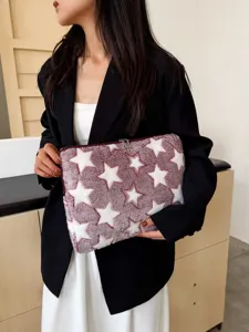 Plush star laptop sleeve model display, cozy winter soft storage bag for tablet and daily use.