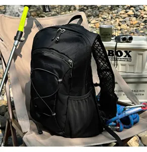 Outdoor running backpack detail view, featuring breathable mesh straps and durable black fabric.