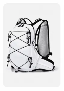 Detail view of the lightweight breathable white outdoor sports backpack, featuring elastic mesh straps.