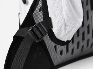 Backpack adjustable strap buckle detail, breathable mesh material for comfort and fit.