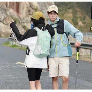 Outdoor hiking backpack detail view showcasing multi-pocket design and ergonomic strap features.