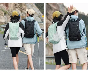 Outdoor hiking backpack detail view showcasing lightweight mesh straps and elastic cord storage.