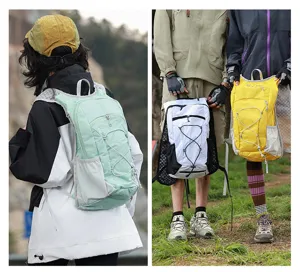 Outdoor lightweight running backpack detail shot, portable sport vest bag for hiking and marathons.