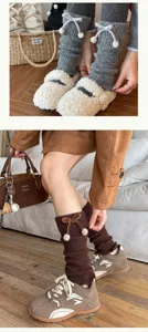 Women knit leg warmers winter warm slouch socks with cute bows and pom poms cozy style