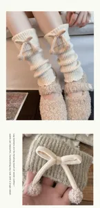Knit leg warmers with cute bows and pom-poms, cozy winter warm slouch socks for women.