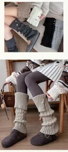 Details of women winter cable knit button cuffed leg warmers, warm layered slouch socks.