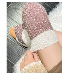 Cozy knitted leg warmers detail shot, warm wool blend winter calf socks, soft cozy style.