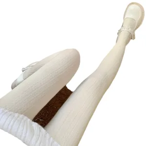 Medias de punto de cable blanco avena mujer vintage algodón pantimedias otoño invierno