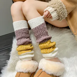 Cozy wool knit leg warmers for women, colorful striped winter warm slouch socks for daily wear.