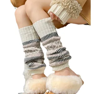 Cozy winter wool knit leg warmers for women, vintage striped thermal calf socks, sweet style.