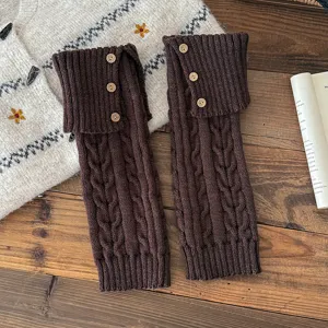 Women Winter Cable Knit Button Leg Warmers Brown Retro Boot Cuffs Thick Layering Socks