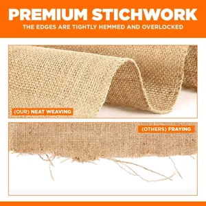 Hoogwaardige jute stof met netweefsel en strak overlockte randen voor rustieke decoratie.