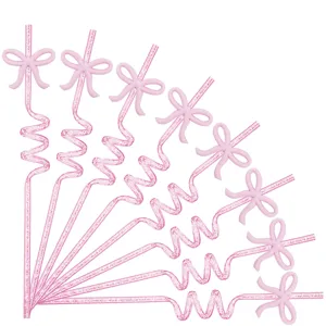 Pink glitter bow drinking straws set, creative spiral plastic party straws for bar events.