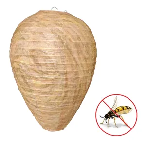 Outdoor hanging wasp decoy paper lantern for garden pest control and yellow jacket repeller.