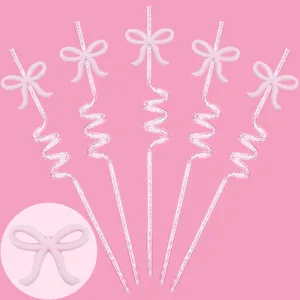 Pink glitter bow party straws detail, creative curly spiral plastic drinking straw.