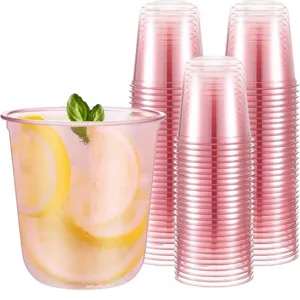 Gobelets en plastique rose 12oz rigides et epais pour fete d'ete et celebration d'anniversaire.