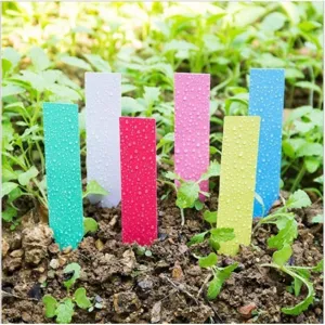 Colorful plastic plant labels for garden, waterproof seedling markers for flowers and herbs.