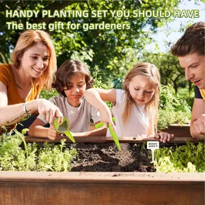 Handy fluorescent green gardening seeder and plastic dibber tool set for family planting use.