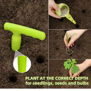 Green garden dibber seed dispenser set for planting seedlings bulbs and small plants easily.