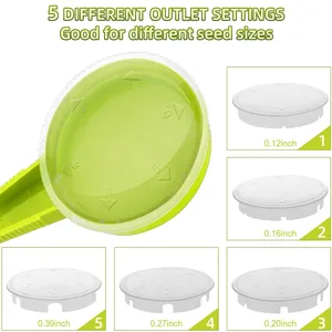Detailed view of the 5-gear adjustable fluorescent green seed dispenser for gardening and planting.