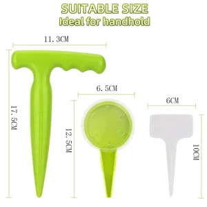 Detailed view of green garden dibber, adjustable seed dispenser and plant label stake size specs.