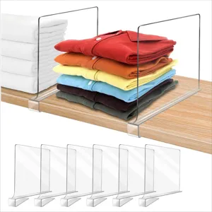 Clear acrylic shelf dividers for closet organization, wardrobe shelf separator and clothes storage.