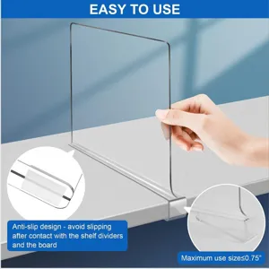 Clear acrylic shelf divider for wardrobe and closet organization, transparent bookshelf baffle.